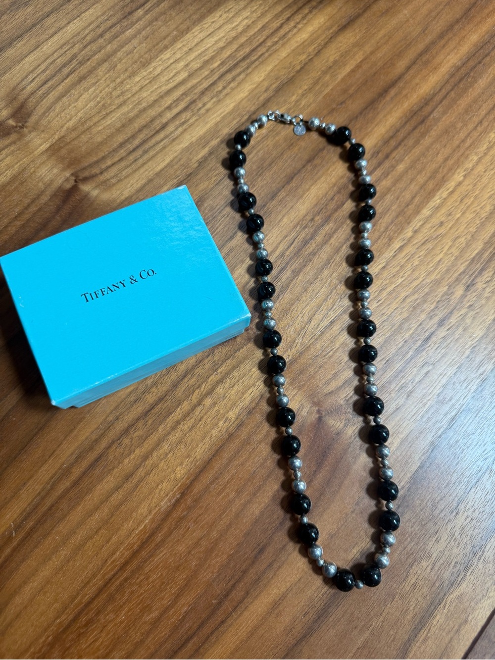 Tiffany & Co. Black Onyx and Sterling Silver Bead Strand Necklace
